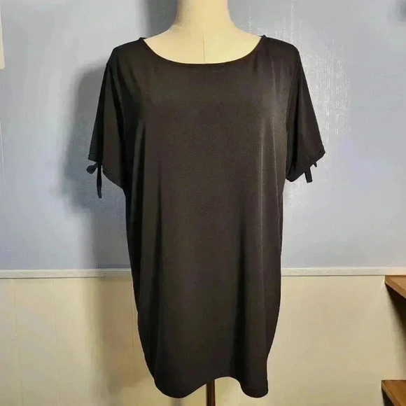 Premise Studio 1X Classic Black Round Neck Slit Tie Short Sleeve Dressy Blouse - Picture 1 of 10